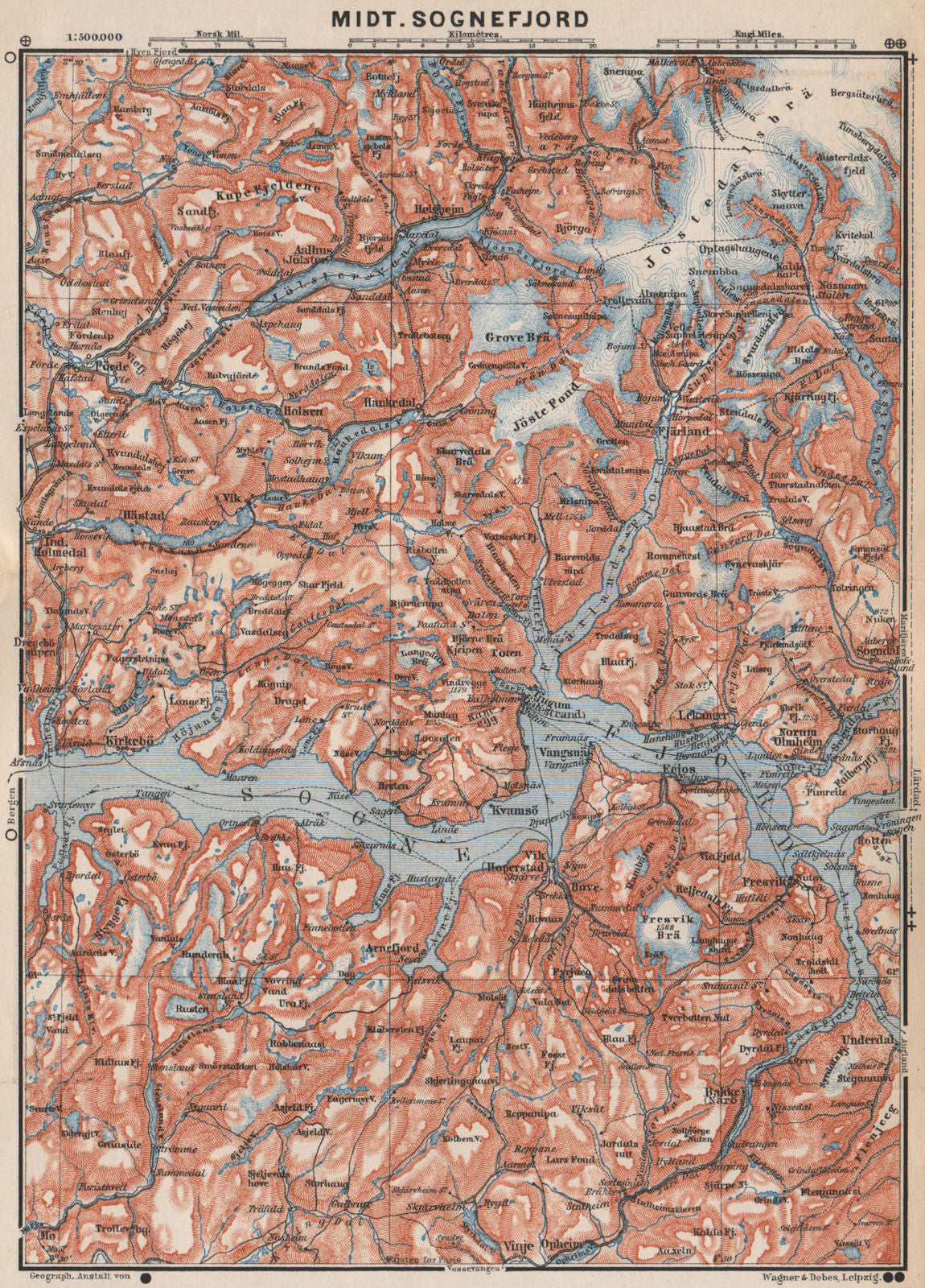 CENTRAL SOGNEFJORD topo-map. Leikanger Sogndal. Norway kart. BAEDEKER 1899